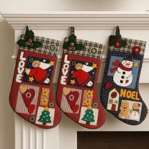 VTG 1990s Lot of 3 Quilted Patchwork Christmas Stockings 19” Angel Snowman Read